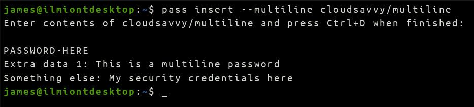 Screenshot of &quot;pass insert&quot; command with multiline option