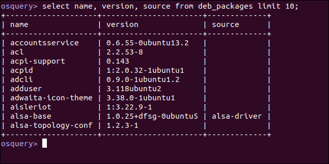 select name, version, source from deb_packages limit 10; in an osquery interactive session