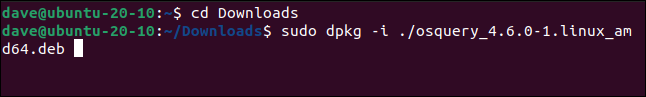 sudo dpkg -i osquery_4.6.0-1.linux_amd64.deb in a terminal window