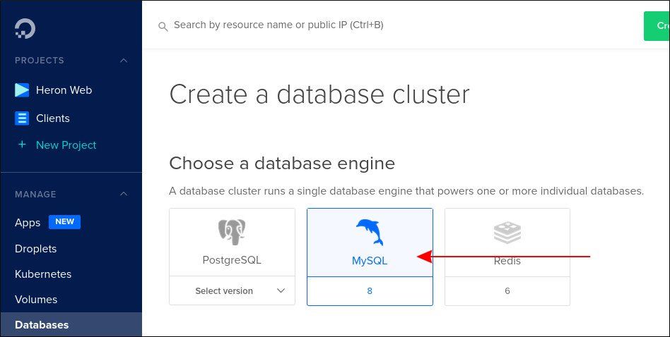 Screenshot of creating a MySQL Managed Database on DigitalOcean