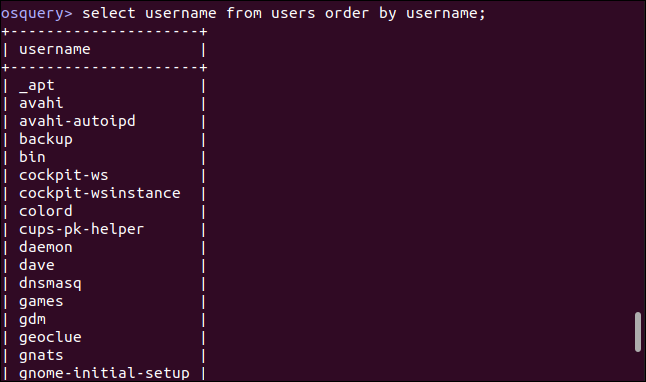 select username from users order by username; in an osquery interactive session