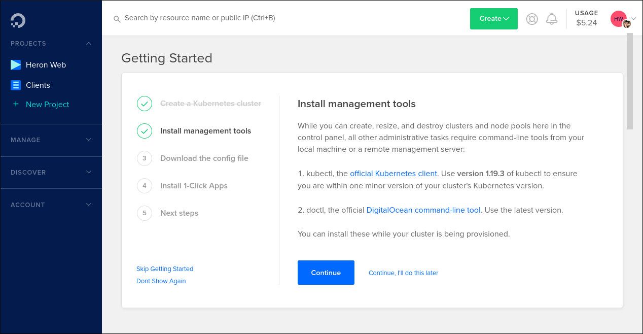 Screenshot of Kubernetes getting started steps in DigitalOcean