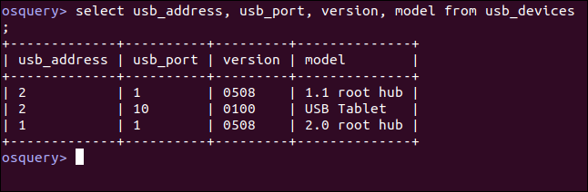 select usb_address, usb_port, version, model from usb_devices; in an osquery interactive session