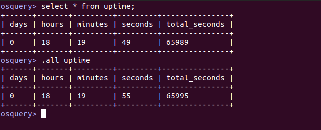 select * from uptime; in an osquery interactive session