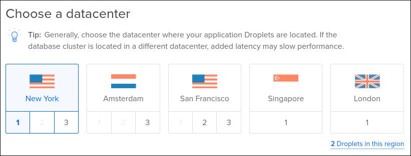 Screenshot of database cluster region options on DigitalOcean