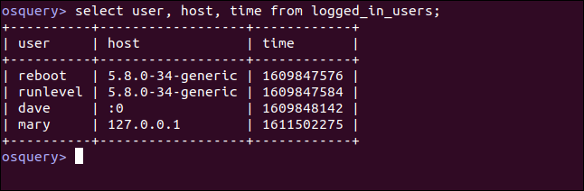 select user, host, time, from logged_in_users; in an osquery interactive session