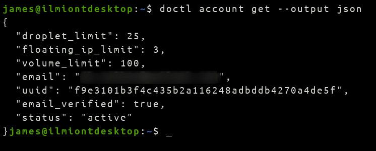 Screenshot of using Doctl with the &quot;account&quot; command