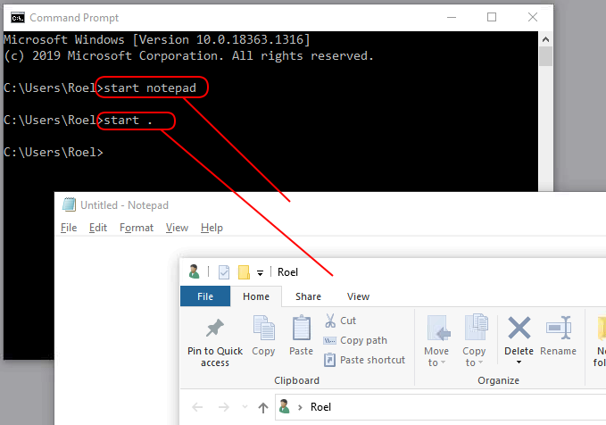 A Microsoft Windows command prompt employing the use of the start command
