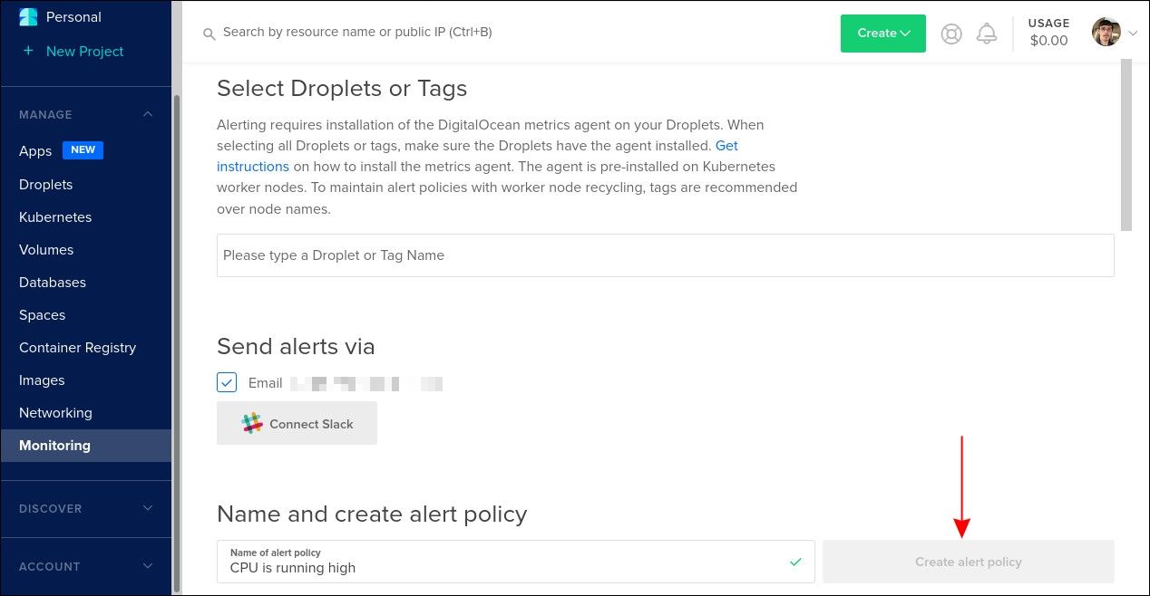 Screenshot of creating an alert policy in DigitalOcean