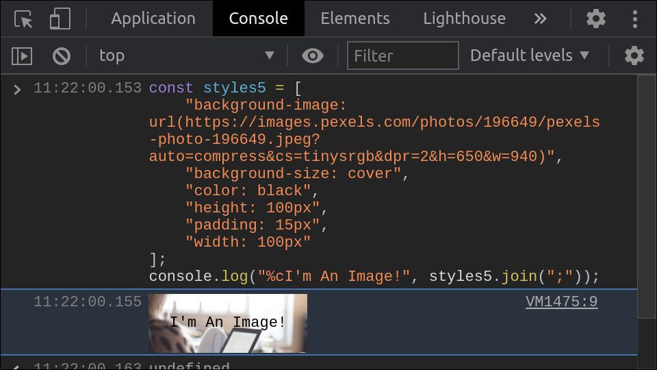 Screenshot of browser console log with an image