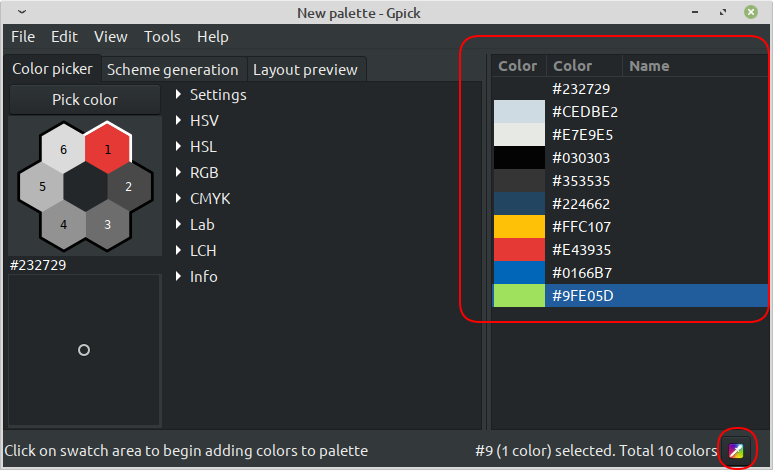 A palette of colors picked in Gpick