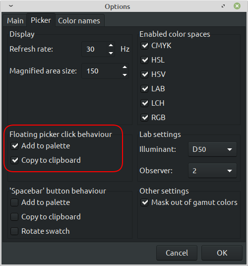 Setting options in Gpick to enable adding hex color codes to the palette and the clipboard