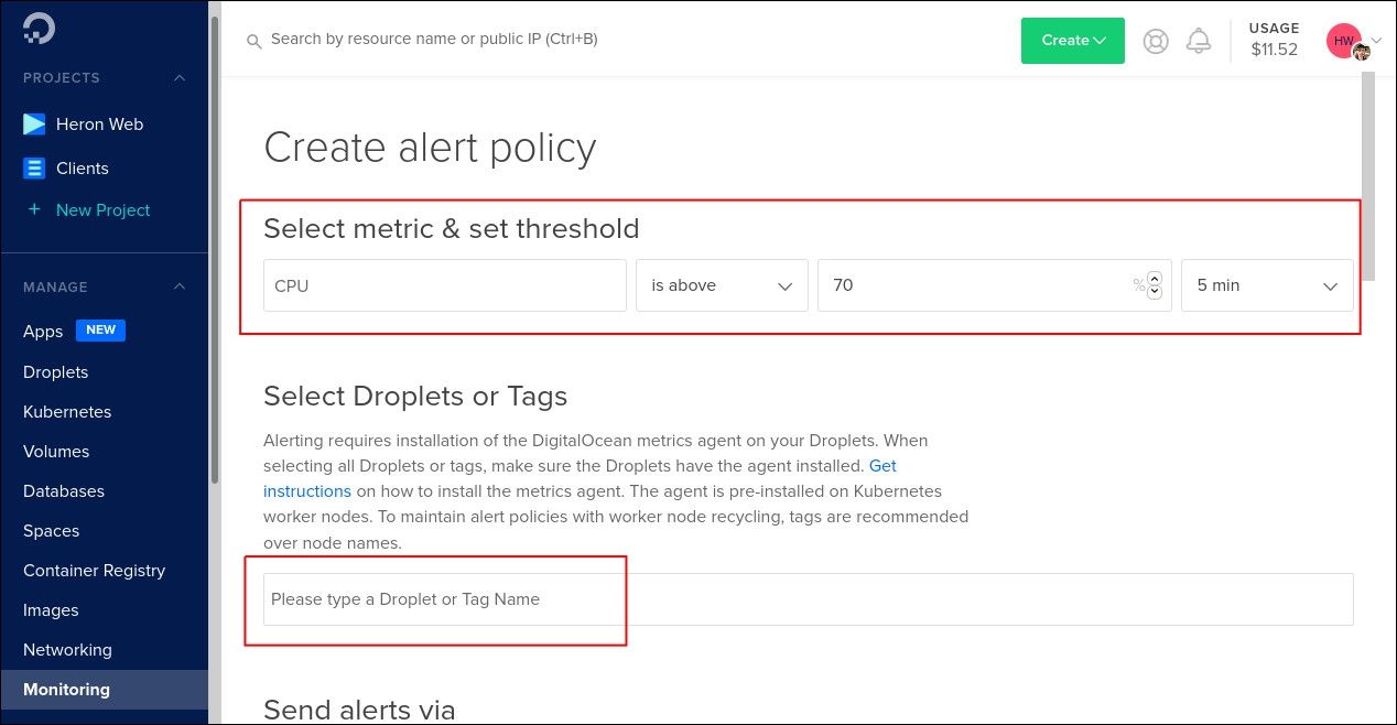 Screenshot of creating an alert policy in DigitalOcean