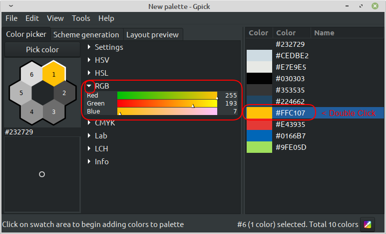 The RGB values for a hex based color value (transformed) in Gpick