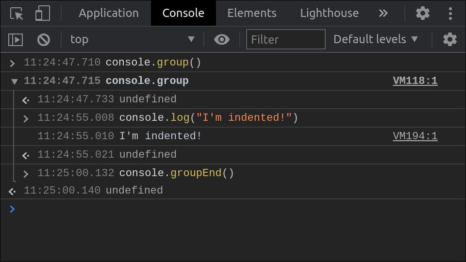 Screenshot of indented JavaScript console output