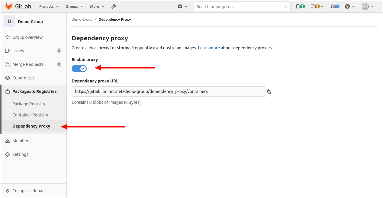 Screenshot of GitLab Dependency Proxy group settings