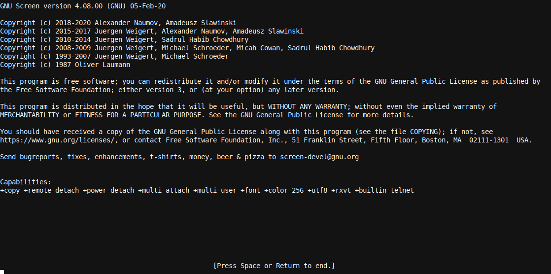 The Linux GNU Screen splash screen