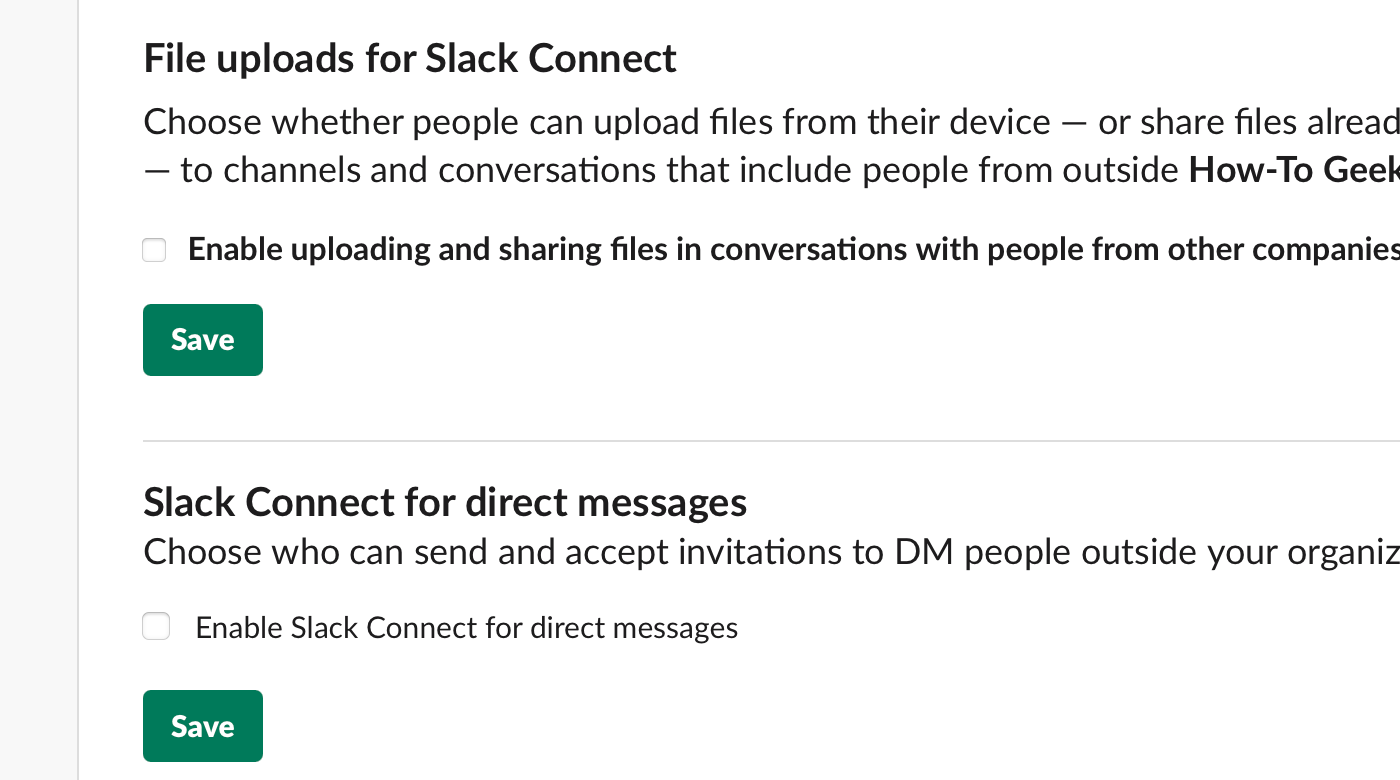 disable file uploads and DMs for slack connect