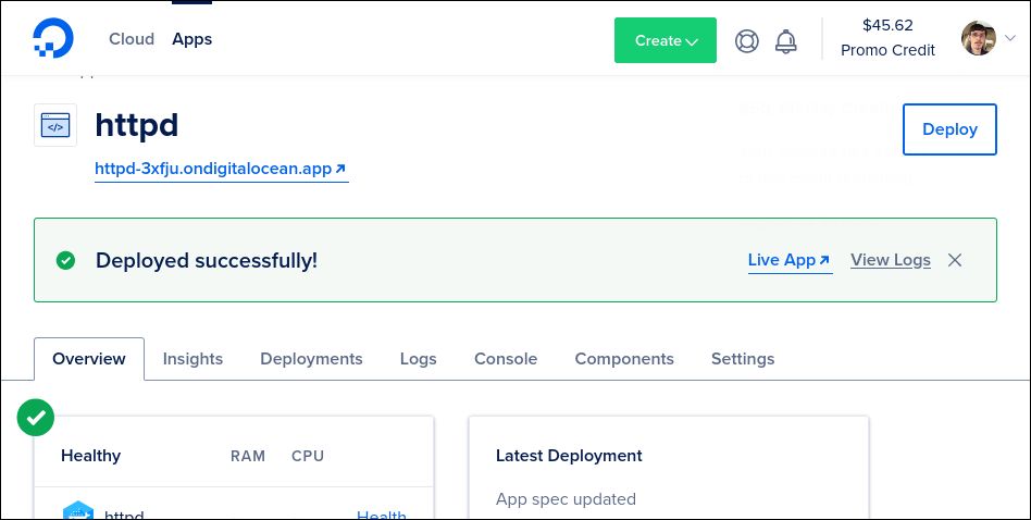 Screenshot of DigitalOcean App Platform dashboard for a container deployment