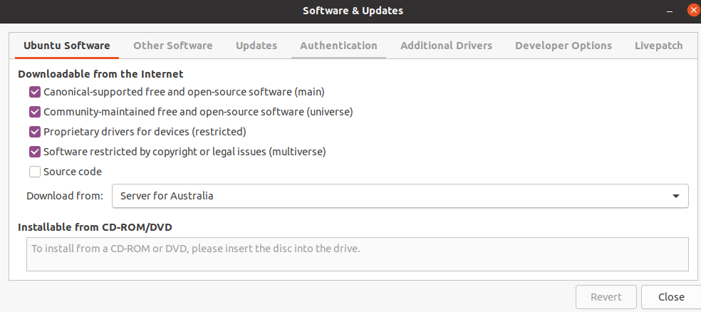 Ubuntu Software &amp; Updates showing the main, universe, restricted and multiverse repositories