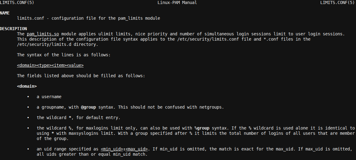 The limits.conf man page provides ample of information on limits.conf syntax, idioms and formatting