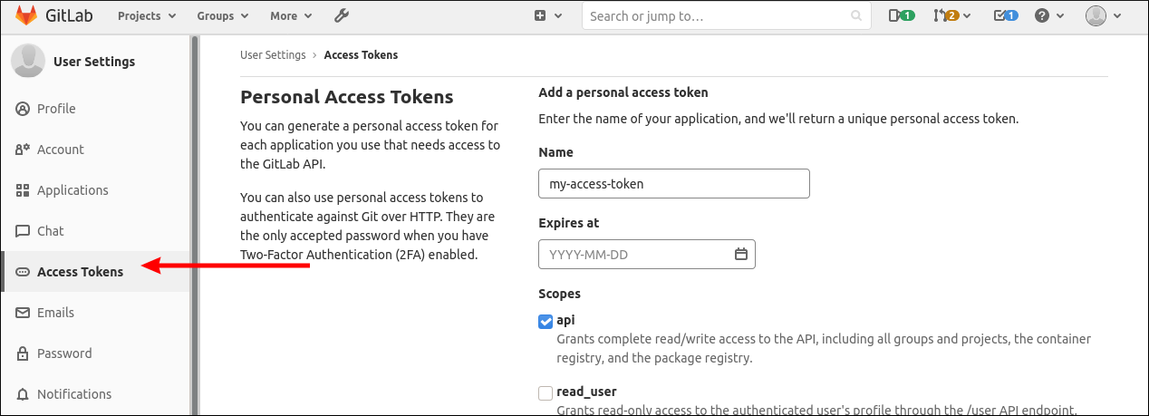 Screenshot of creating an API access token in GitLab