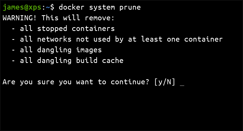 Screenshot of docker system prune command