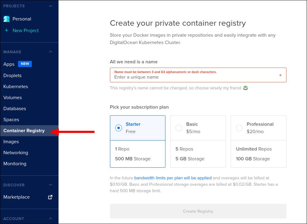 Screenshot of creating a DigitalOcean Container Registry