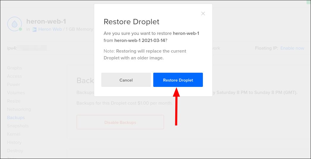 Screenshot of restoring a DigitalOcean droplet from a backup