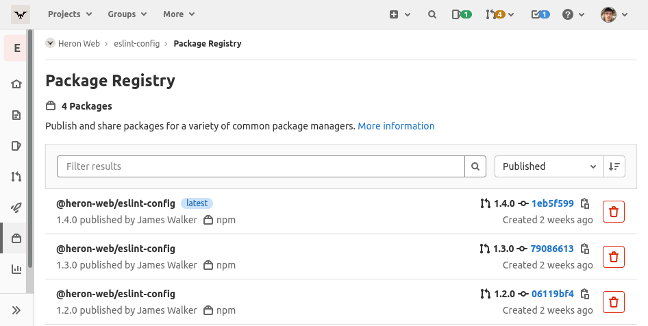 Screenshot of GitLab package registry