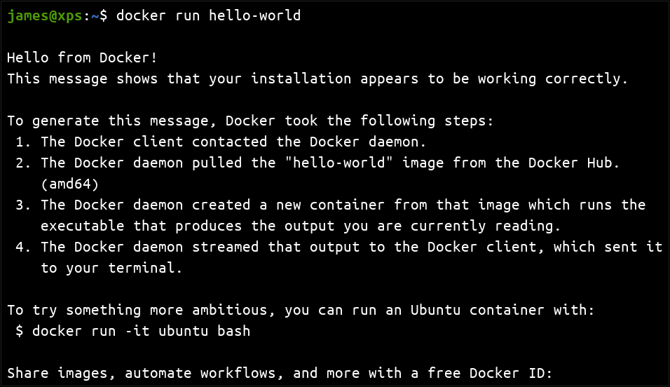 Screenshot of Docker &quot;hello world&quot; image output