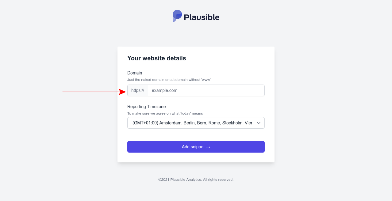 Screenshot of adding a website to Plausible analytics