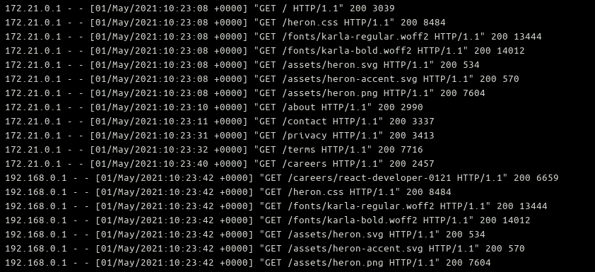 Screenshot of Docker logs from an Apache web server container