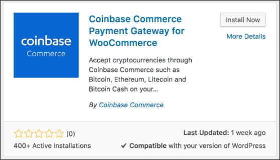 Install the Coinbase Commerce Payment Gateway plugin from the WordPress marketplace. 