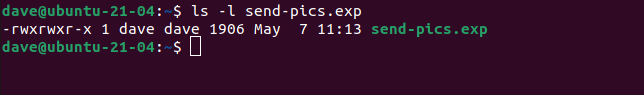 ls -l send-pics.exp in a terminal window