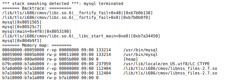 A smashing stack dump generated by mysqld, the MySQL database server