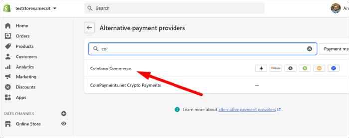 Select &quot;Alternate Payment Providers&quot; and search for Coinbase.