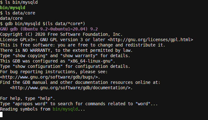 Using GDB to debug a MySQL Server (mysqld) produced core dump
