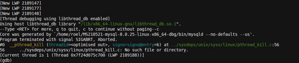 GDB startup reads debug symbols and shows threads in the form of LWP's (Light Weight Processes)