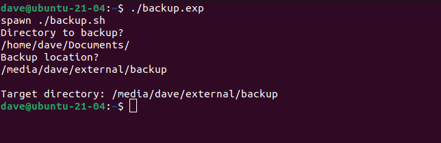 ./backup.exp in a terminal window