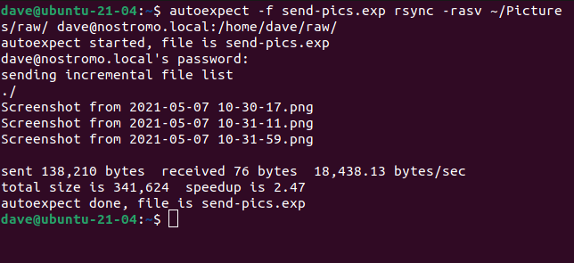 Output from autoexpect -f send-pics.exp rsync -rasv ~/Pictures/raw/ dave@nostromo.local:/home/dave/raw/ in a terminal window