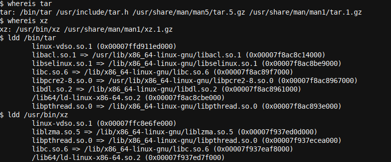 Discovering more about the libraries used by tar and xz using the ldd command