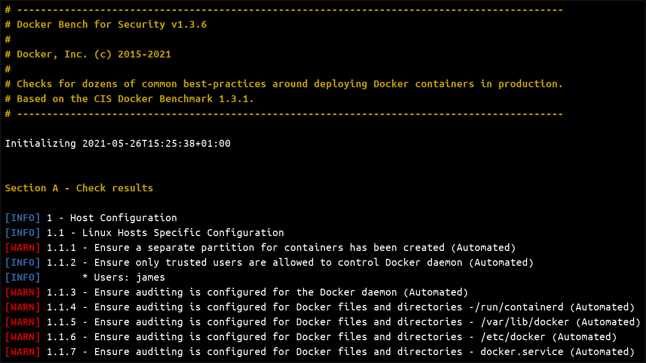 Screenshot of a Docker Bench for Security report