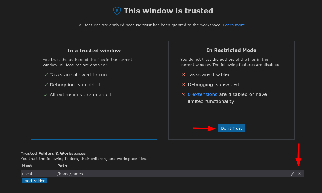 Screenshot of managing trusted folders in Visual Studio Code