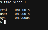 A simple time command testing the time taken by a sleep 1 command at the Linux command prompt