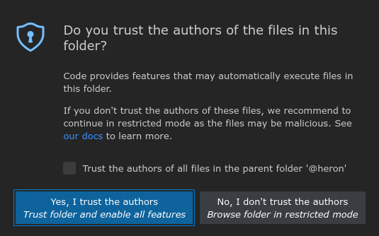 Screenshot of Workspace Trust prompt in Visual Studio Code