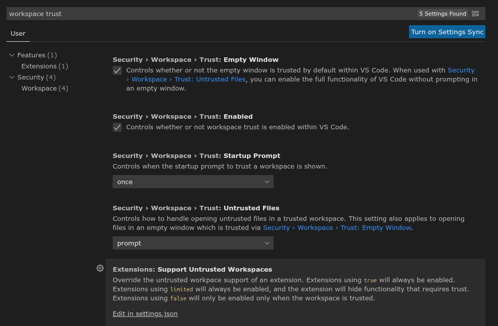 Screenshot of Visual Studio Code Workspace Trust settings
