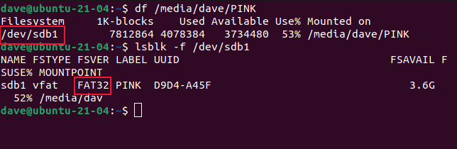 df /media/dave/PINK in a terminal window