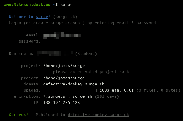 Screenshot of deploying a static website with Surge.sh